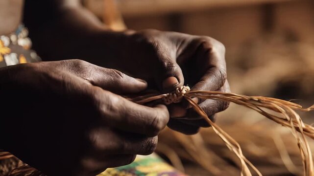 African Artisan Hands Weaving Natural Fiber Close Up Craftsmanship