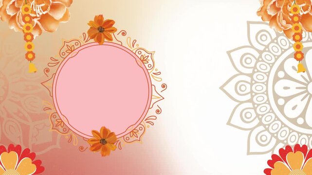 An intricately designed pink frame with floral motifs surrounded by mandala patterns and ornaments on a gradient background viewed from the front.