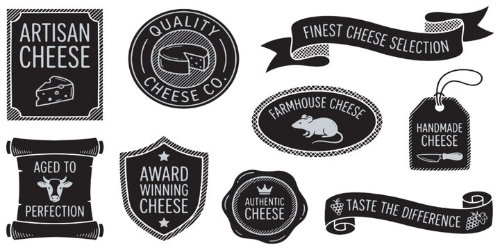 Collection of vintage cheese labels and badges for artisan and farmhouse cheese products.