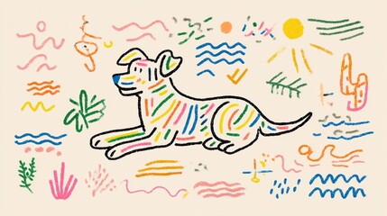 Fototapeta premium funny cartoon dog illustration with vibrant summer colors and playful mood