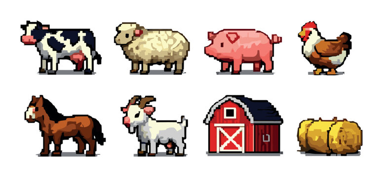 Pixel art farm animals with barn and hay bales