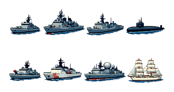 Variety of naval vessels: battleships, submarine, and sailing ship display