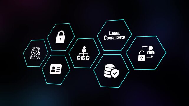Legal compliance concept with regulatory data protection icons, secure systems, audit control and digital technology interface.