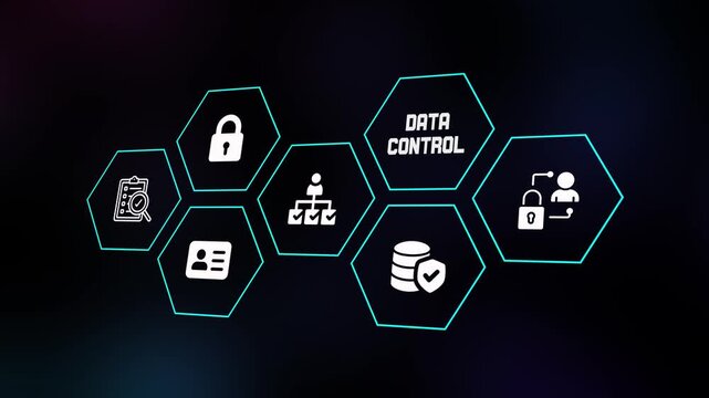 Data control concept featuring secure database management, access permissions, monitoring systems and modern digital interface.