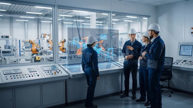 Industrial engineers analyzing holographic 3D model of robotic assembly line. Technical team collaborating in high-tech control room. Lockdown wide shot.