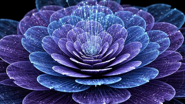 Vibrant purple and blue glowing flower with intricate petals and sparkling energy particles