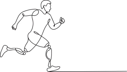 Fototapeta premium Single continuous line drawing disabled athlete runs on prostheses. Male disability runs. Disabled sportsman with amputated foot. Disabled sport, disability games. one line Icon drawing