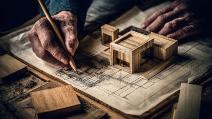 Architectural Drafting In Progress With Building Model On Desk.