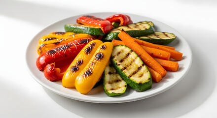 Plate of grilled vegetables including peppers zucchini and carrots isolated on white background