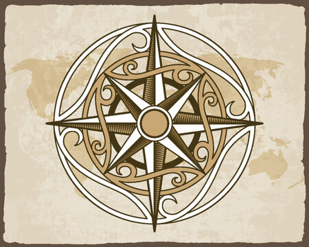 Retro nautical compass. Hand drawn wind rose on map background. Old vector design element for marine theme and heraldry. Vintage rose of wind for sea marine navigation