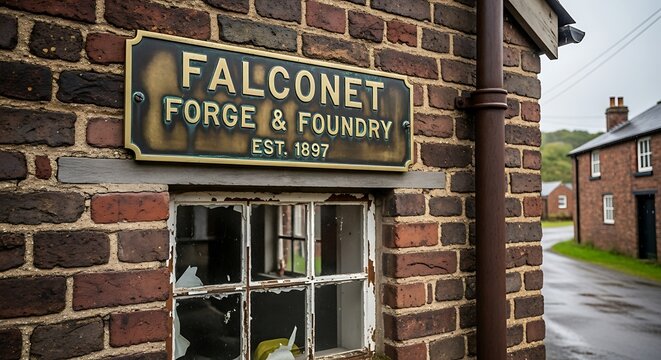 Vintage Falconet Forge and Foundry Sign on an Old Brick Building.