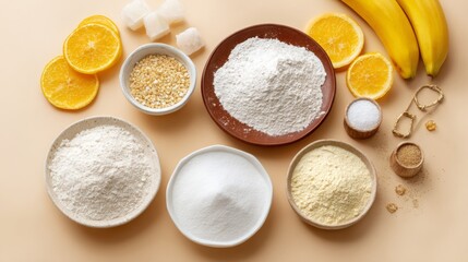 Baking ingredients arranged in bowls with banana and lemon on white surface for cooking photography styling