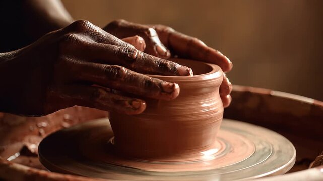 Close-up of African artisan hands crafting wet clay on a pottery wheel