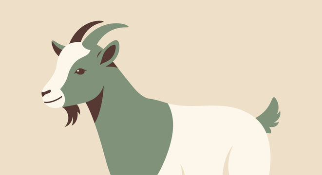 Illustration of a calm goat with green and white fur and a small beard.