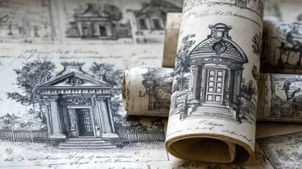 Architectural Sketches and Scrolls with Classical Building Drawings.