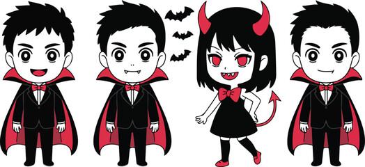 Cute Chibi Halloween Characters Outline Icon Set Vampire Kids and Devil Girl