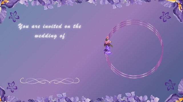 A couple dancing together on a wedding invitation surrounded by flowers and decorative elements from an aerial viewpoint