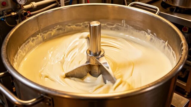 Medium shot of industrial tanks blending creamy ice cream mix with sugar and stabilizers showcasing the preparation of a rich premium mix before freezing.