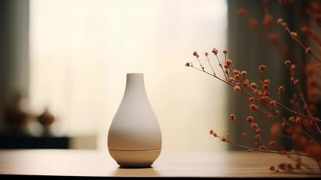 Modern minimalist essential oil diffuser presenting a simple, elegant design on a wooden table, capturing a sense of peace and natural wellness with dried branches in a soft interior setting