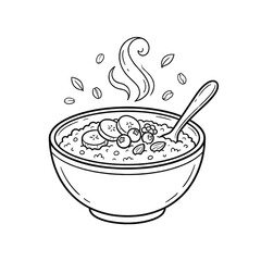 A steaming bowl of oatmeal adorned with banana slices blueberries and scattered oats and leaves creating a wholesome and appealing breakfast image