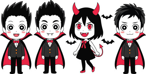 Cute Chibi Halloween Characters Outline Icon Set Vampire Kids and Devil Girl