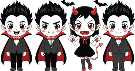 Cute Chibi Halloween Characters Outline Icon Set Vampire Kids and Devil Girl