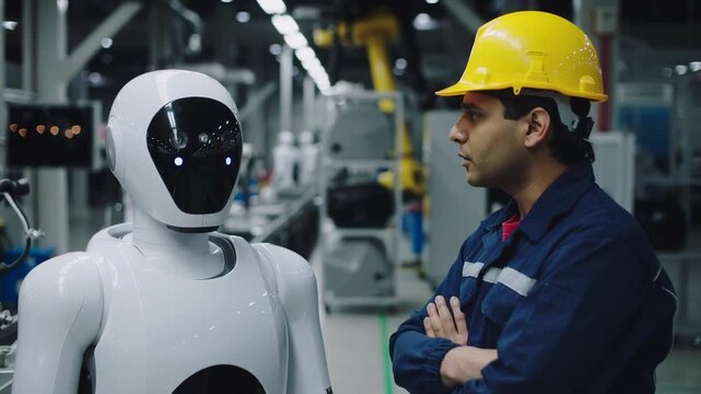 Factory engineer observing white humanoid robot in automated manufacturing plant. Medium shot of human and artificial intelligence interaction.