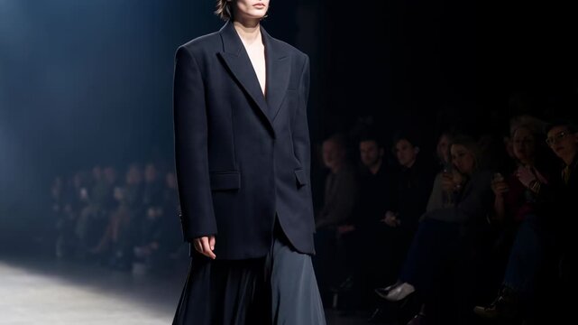 A model confidently strides down the runway during a fashion show, showcasing a tailored jacket and skirt, with the audience.