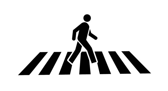 A simple black and white icon illustration of a pedestrian walking on a crosswalk