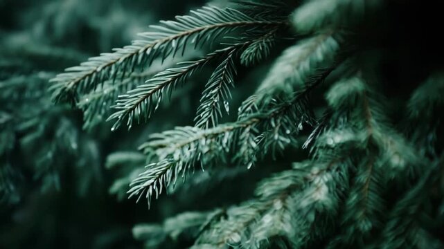 Evergreen pine branches displaying vibrant green needles with small water droplets, creating a serene natural background texture and symbolizing nature's freshness and tranquility