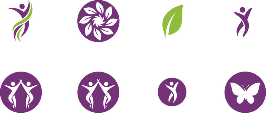 Abstract wellness logo icon set with human figures leaves flowers butterfly symbols modern purple green vector illustration design