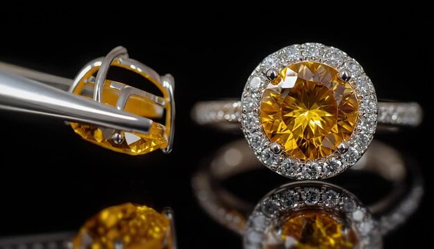 Round brilliant cut yellow citrine gemstone held by precision tweezers on the left, elegant white gold ring with large yellow citrine center stone surrounded by diamond halo on the right