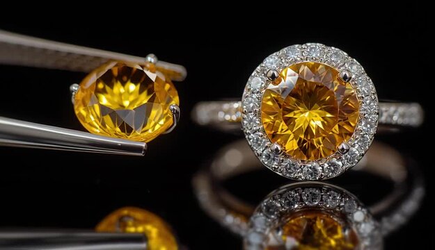 Round brilliant cut yellow citrine gemstone held by precision tweezers on the left, elegant white gold ring with large yellow citrine center stone surrounded by diamond halo on the right