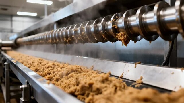 Medium shot of a horizontal screw conveyor gently moving warm wet mash through processing stages emphasizing smooth material flow in a clean factory environment.