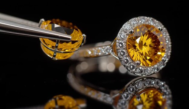 Round brilliant cut yellow citrine gemstone held by precision tweezers on the left, elegant white gold ring with large yellow citrine center stone surrounded by diamond halo on the right