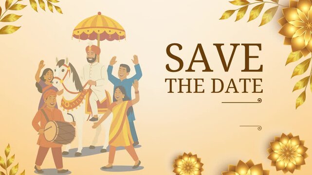 A vibrant illustration of an Indian groom riding a decorated white horse, surrounded by friends and family, celebrating a traditional wedding procession with music and joy.