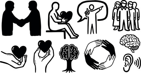 Obraz premium Silhouettes of handshake, person holding heart, speaking figure, group people, hearts in hand, brain tree, joined hands circle and ear icons in black vector art