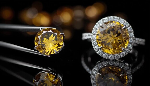 Round brilliant cut yellow citrine gemstone held by precision tweezers on the left, elegant white gold ring with large yellow citrine center stone surrounded by diamond halo on the right