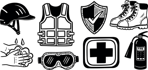 Fototapeta premium Black and white hand drawn safety equipment icons including helmet, vest, boots, goggles, fire extinguisher, first aid kit and hand washing illustration
