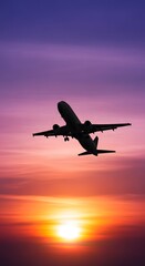 A silhouette of a plane taking off against a beautiful sunset sky