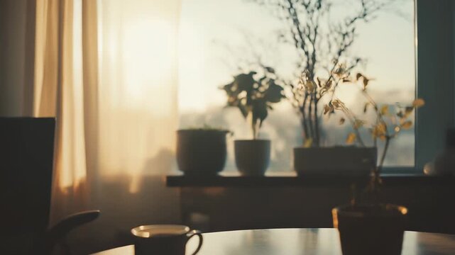 Warm sunlight illuminating a coffee cup and a small potted plant on a wooden table, with blurred window plants and outdoor view in the background, creating a serene and cozy atmosphere
