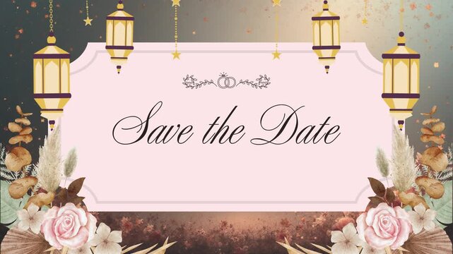 Elegant wedding invitation card with lanterns and flowers save the date celebration invitation