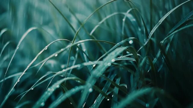Lush grass blades are wet with numerous clear drops of rain, with soft focus falling water in the background, creating a refreshing atmosphere in nature