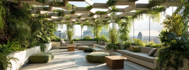 Fototapeta premium Beautiful Rooftop Garden with Lush Greenery and Unique Terraces, Ideal for Relaxation and Outdoor Experiences