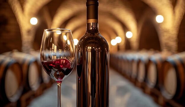 A wine bottle and filled wine glass placed on top of a wooden wine barrel in the foreground, traditional wine cellar with arched stone ceiling and rows of oak barrels on both sides

