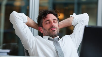 Obraz premium A man in a white dress shirt sits back in his chair, hands behind his head, taking a moment to unwind in a bright, contemporary office environment.