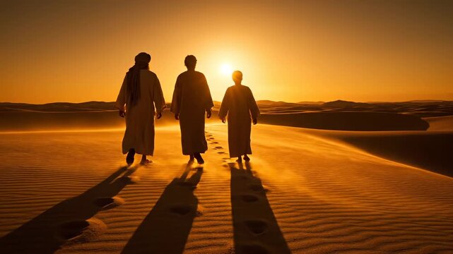 man walking across desert dune at sunset. silhouette and long shadow stretch across sand. robe and trio create parallel footprints. horizon glows behind distant dune and sun. light outlines deep