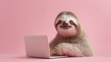 Obraz premium A sloth is intently typing on a laptop with a cheerful expression, set against a bright pink background that enhances the lighthearted atmosphere of the moment.