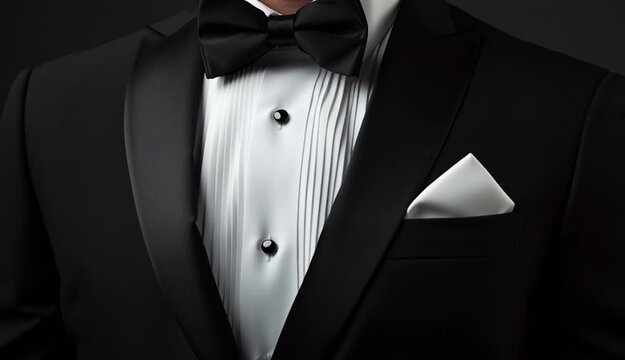 Close-up portrait of a man wearing elegant black tuxedo with satin lapels, crisp white pleated dress shirt with black buttons, black bow tie, white pocket square in breast pocket