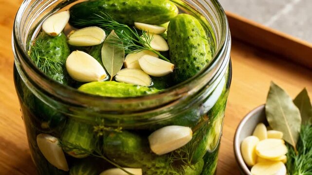 Medium shot showing a garlicheavy pickled cucumber spear canning scene emphasizing the generous addition of sliced garlic cloves alongside crunchy spears and aromatic herbs.